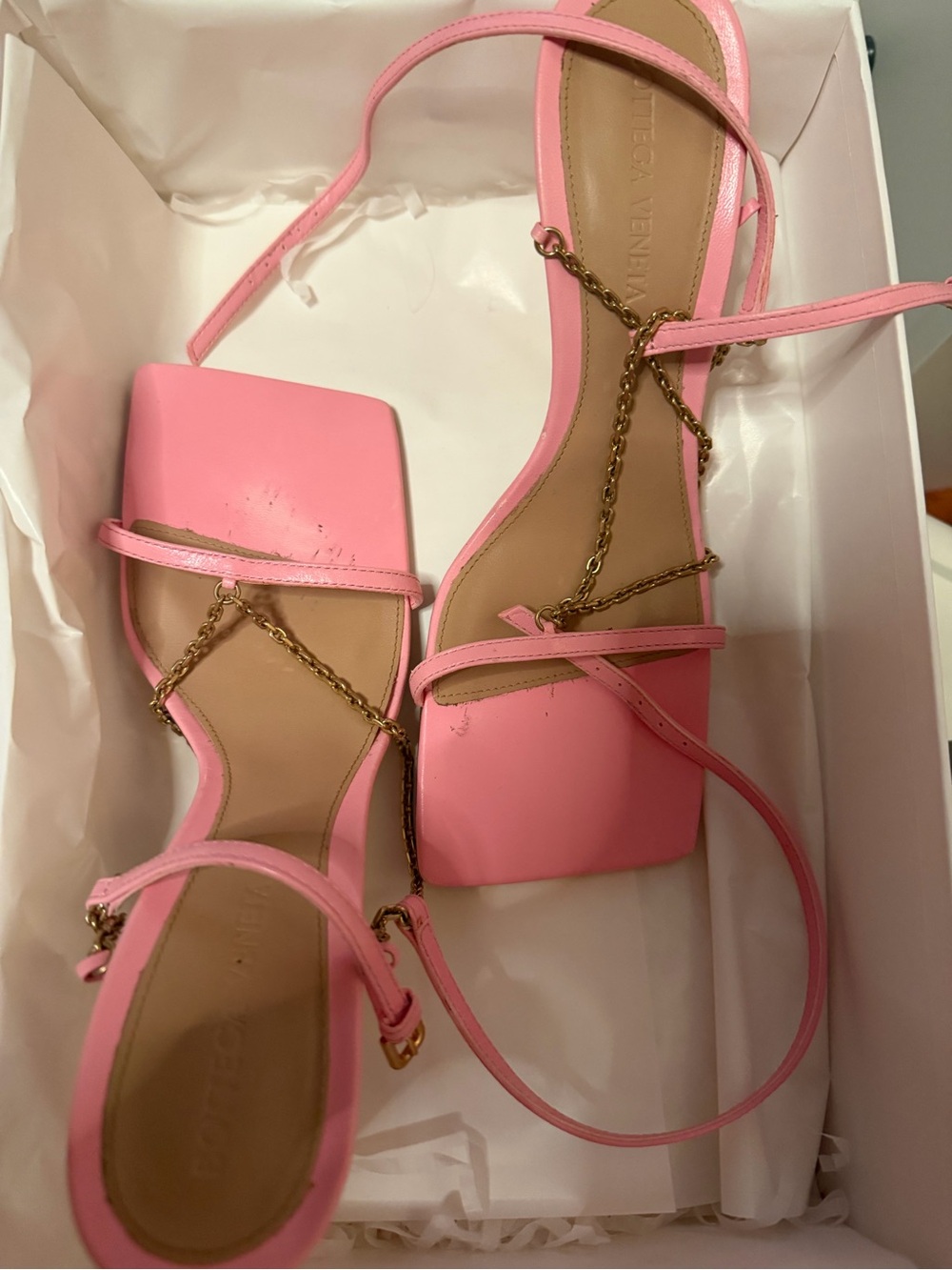 Bottega Veneta Pink Square-Toe Chain-Strap Sandals